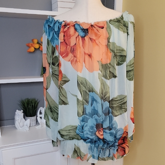 Floral Off-Shoulder Blouse Sheer Blue Teal Orange Green - Picture 6 of 12